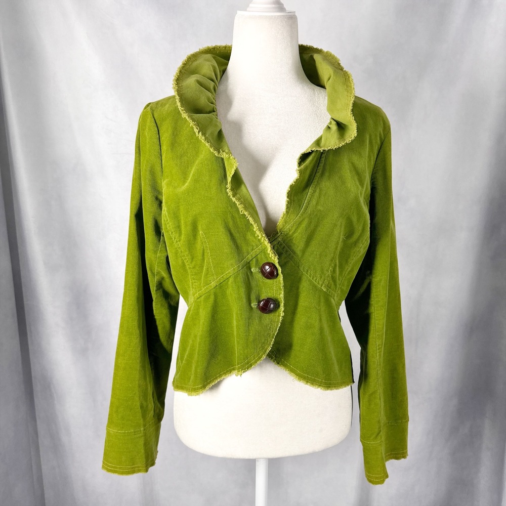 Ivy Jane Green Velvet Cotton Long Sleeve Short RuffleJacket Womens Size Small